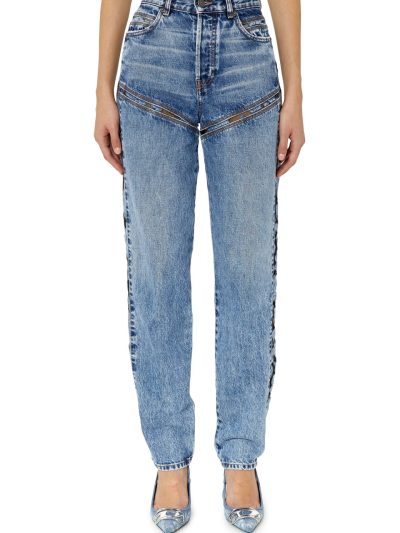 די פילוט ג׳ינס בגזרה ישרה עם פאנלים פרחוניים - כחול