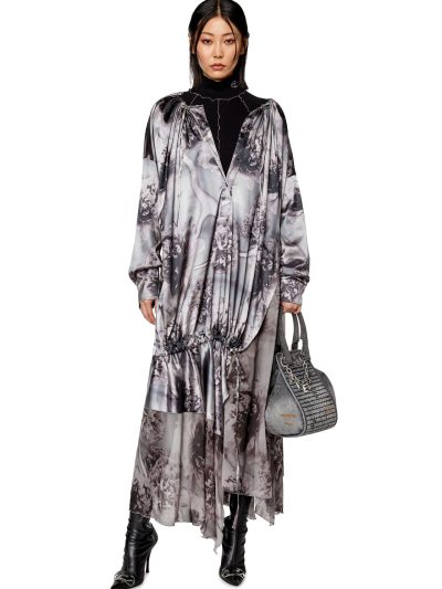 שמלה א-סימטרית מסאטן ושיפון בהדפס פרחוני - אפור